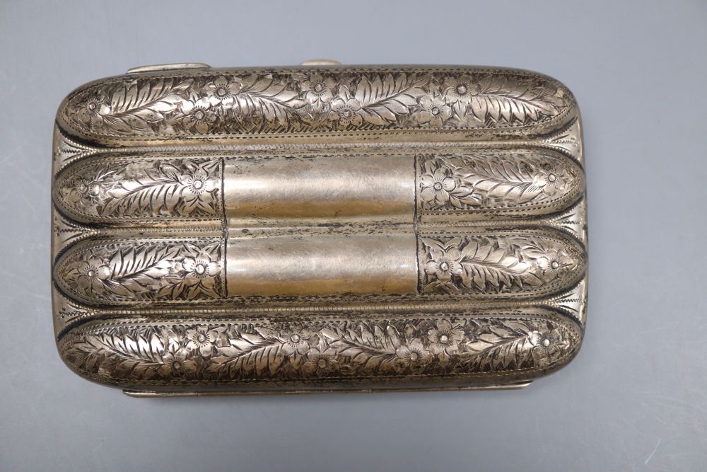 An Edwardian engraved silver four division cigar case, Joseph Gloster Ltd, Birmingham, 1901, 13cm, gross 5oz,